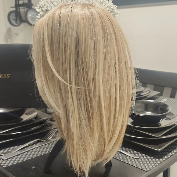 Blonde Straight Synthetic Wig - Natural Light Blonde Milkshake Blonde Hand Tied - Picture 2 of 11